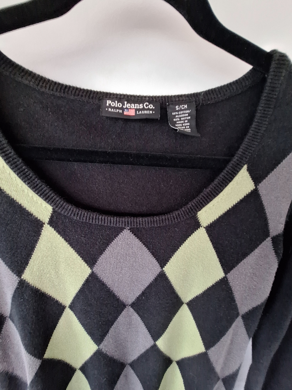VTG Polo Jeans Co. Ralph Lauren Argyle Scoop Neck Sweater Black Grey Lime Green - Picture 2 of 3